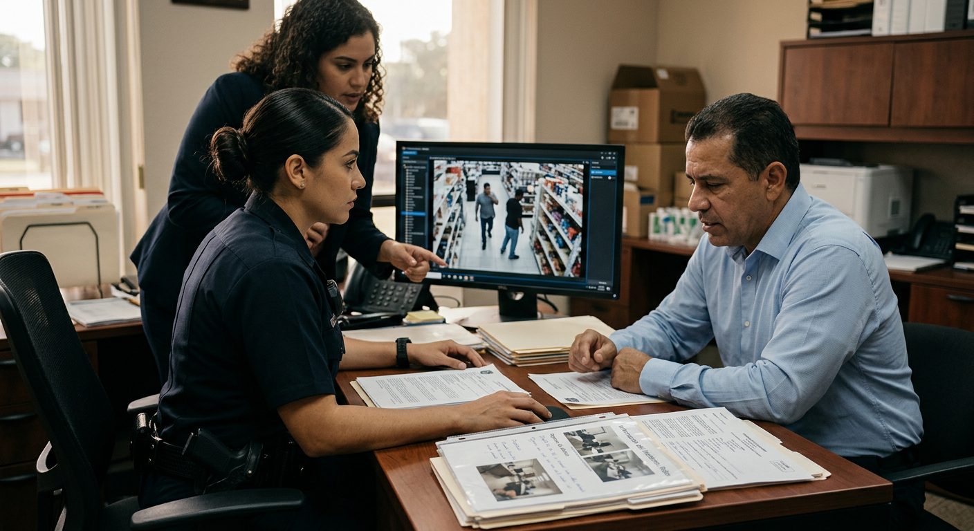 Abogado revisando documentos de caso en oficina profesional con reportes de incidentes.