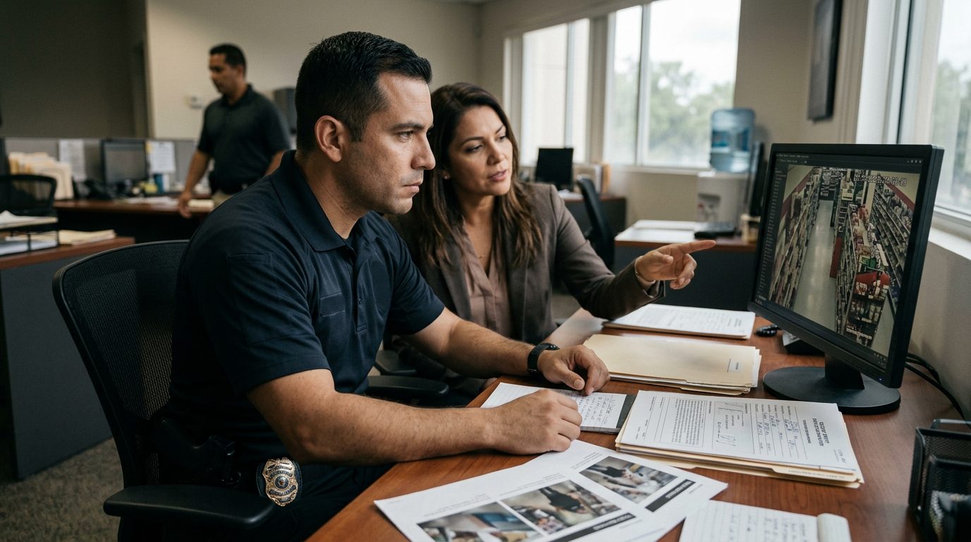 Abogado revisando documentos de casos en oficina legal profesional.