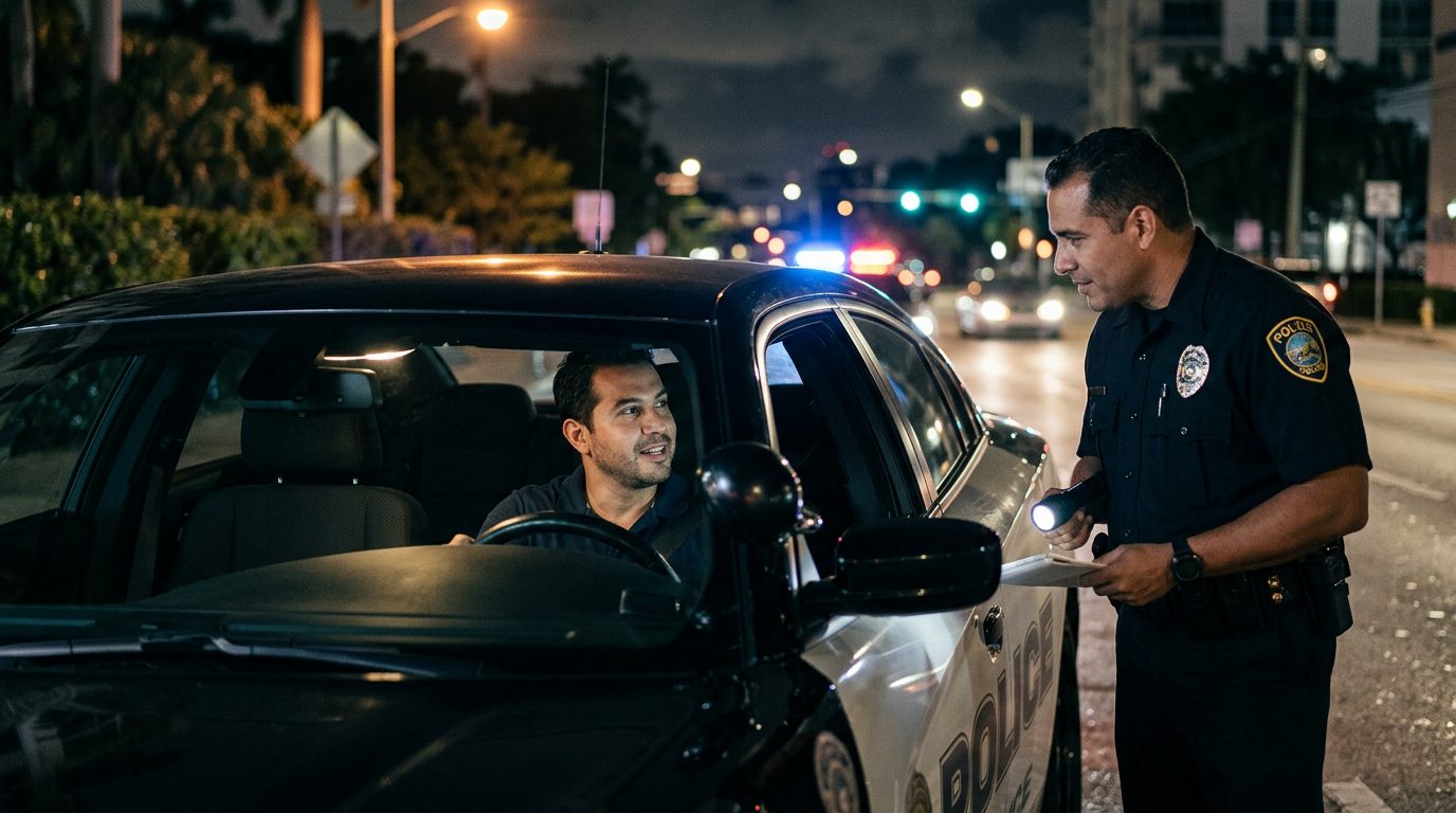 Conductor conversando con oficial de policía durante parada de tráfico nocturna.