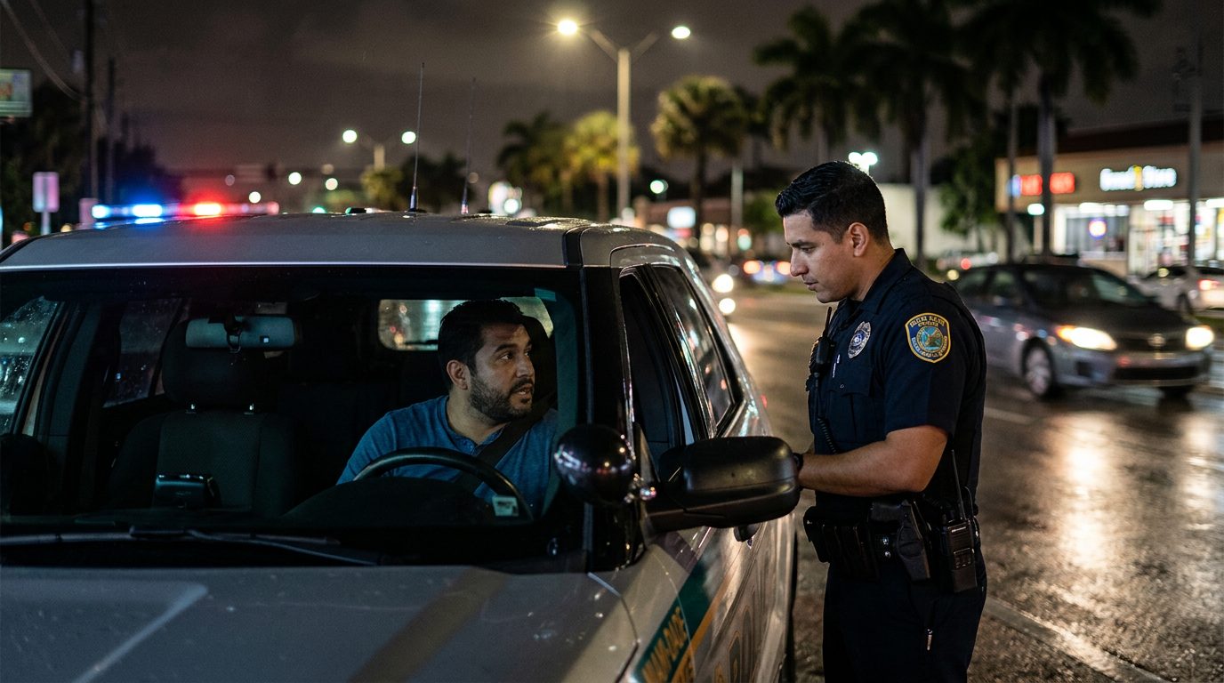 Conductor conversando con oficial de policía durante parada nocturna de tráfico.