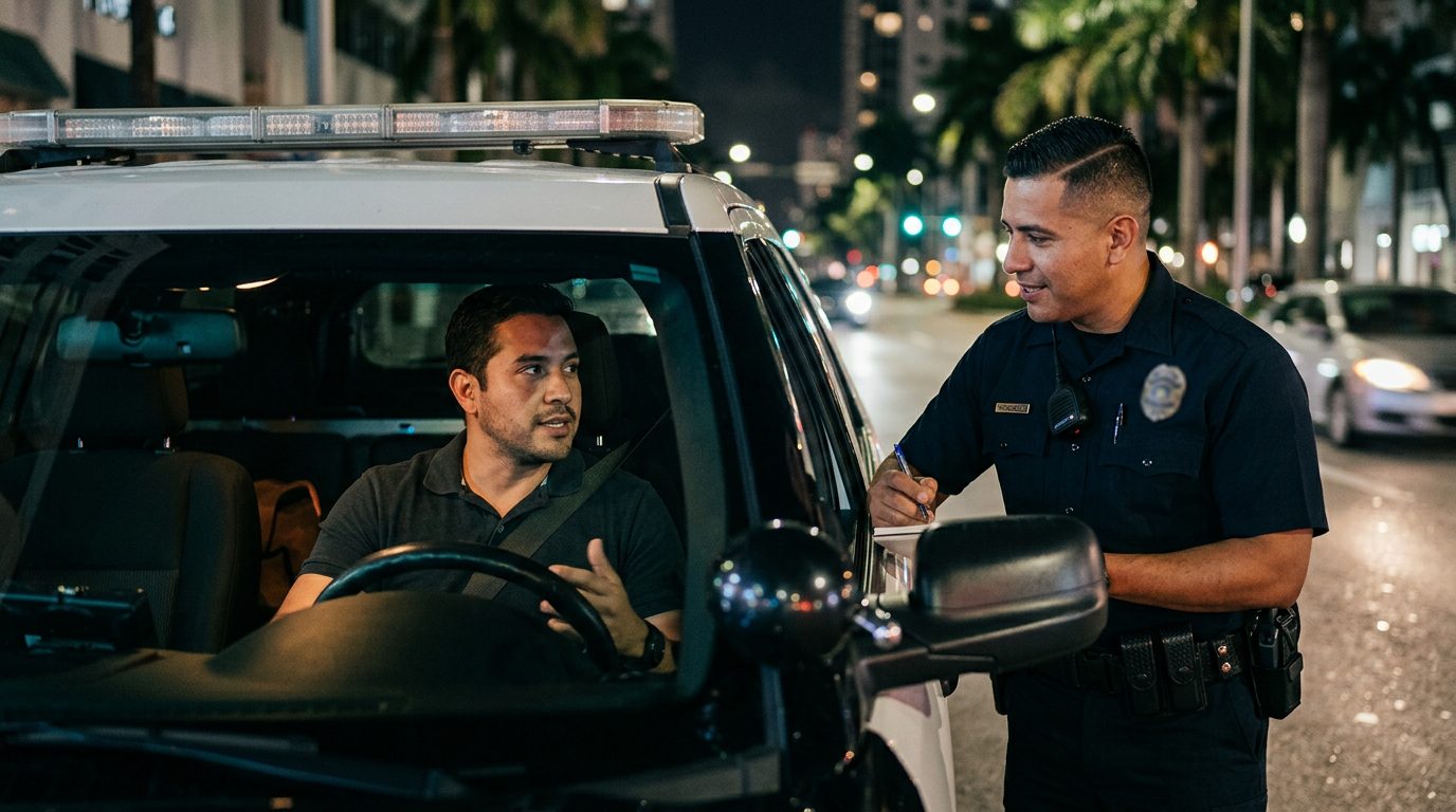 Conductor conversando con oficial de policía durante parada nocturna de tráfico.