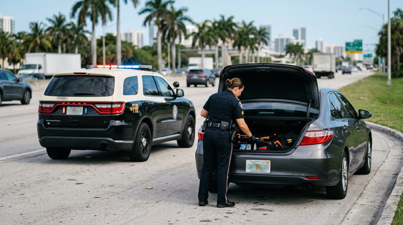 Law enforcement officer conducting a roadside vehicle search with patrol car and open trunk.