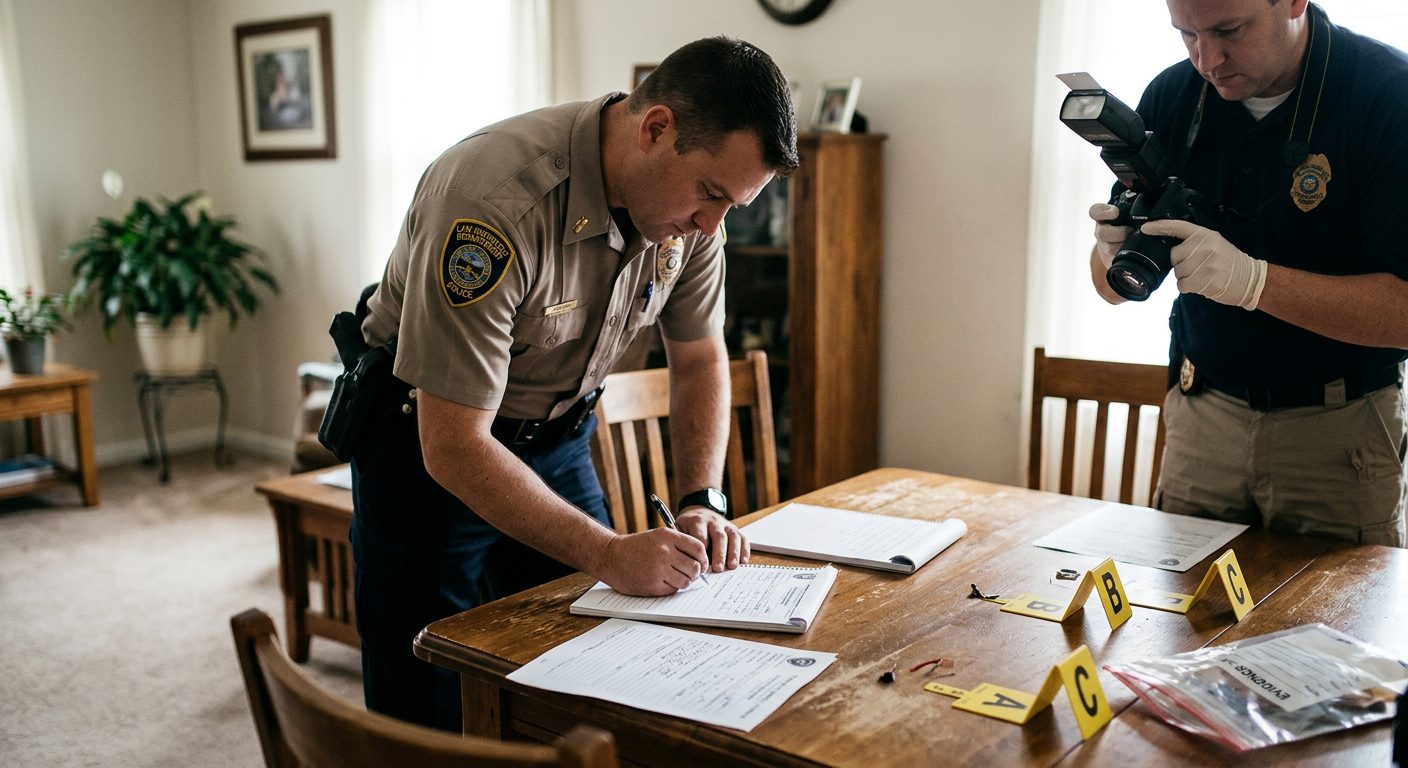 Law enforcement officer documenting evidence and taking photographs at a residential location during an incident investigation.