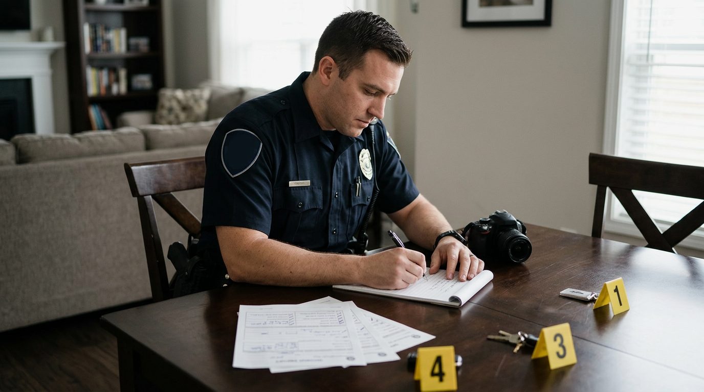 Law enforcement officer documenting evidence and taking photographs at a residential location during an incident investigation.