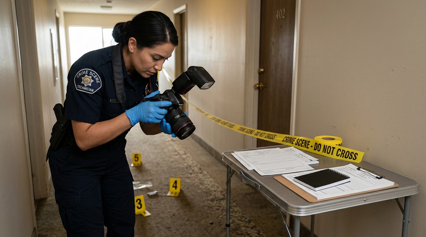 Law enforcement officer documenting evidence at a crime scene with incident report forms and markers.