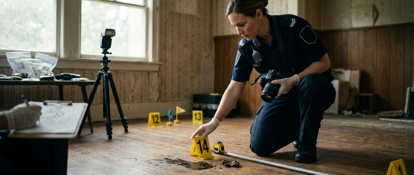 Law enforcement officer documenting evidence markers and measurements at an indoor crime scene.