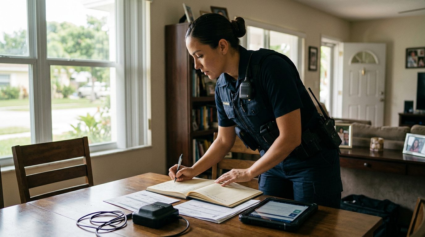 Law enforcement officer documenting probation compliance during a home visit with monitoring equipment and records.