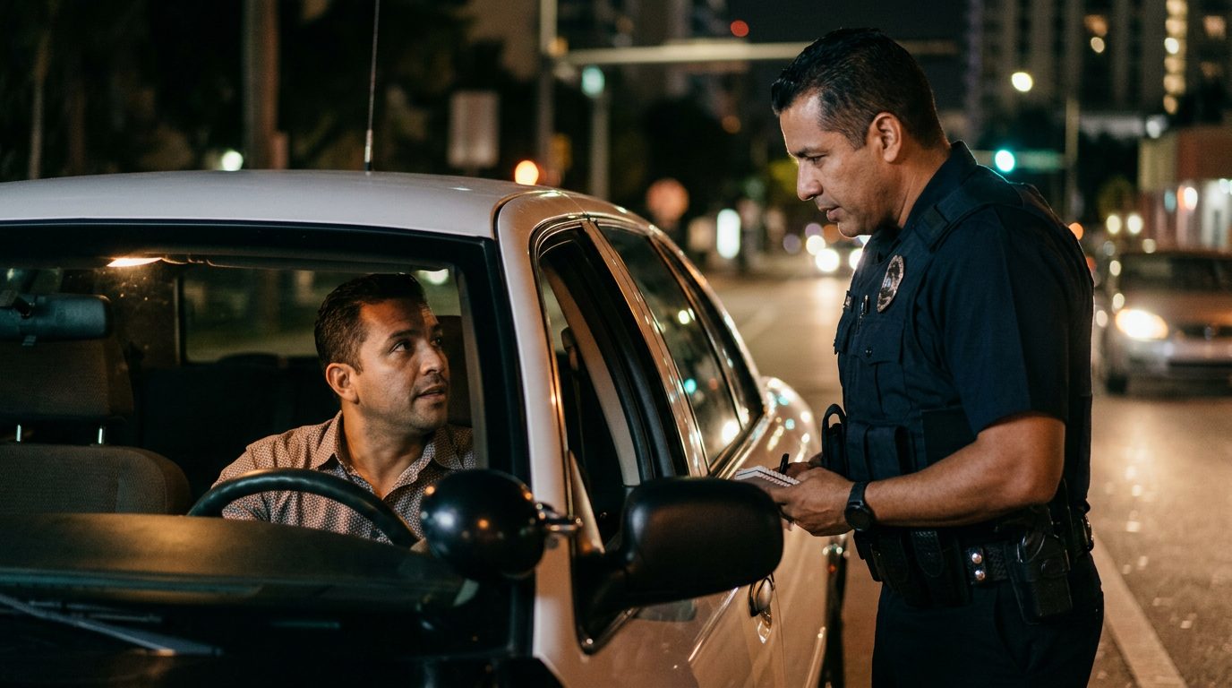 Oficial de policía hablando con conductor durante control nocturno de tráfico.