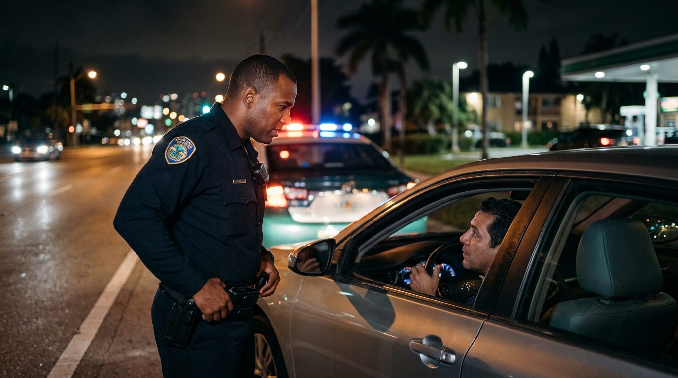 Oficial de policía hablando con conductor durante parada nocturna de tráfico.