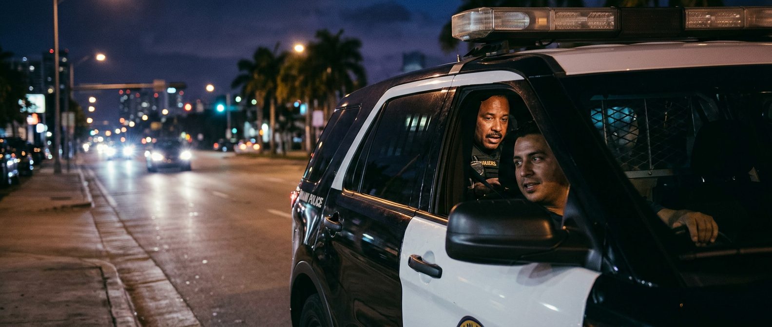 Oficial de policía hablando con conductor durante parada nocturna de tráfico.