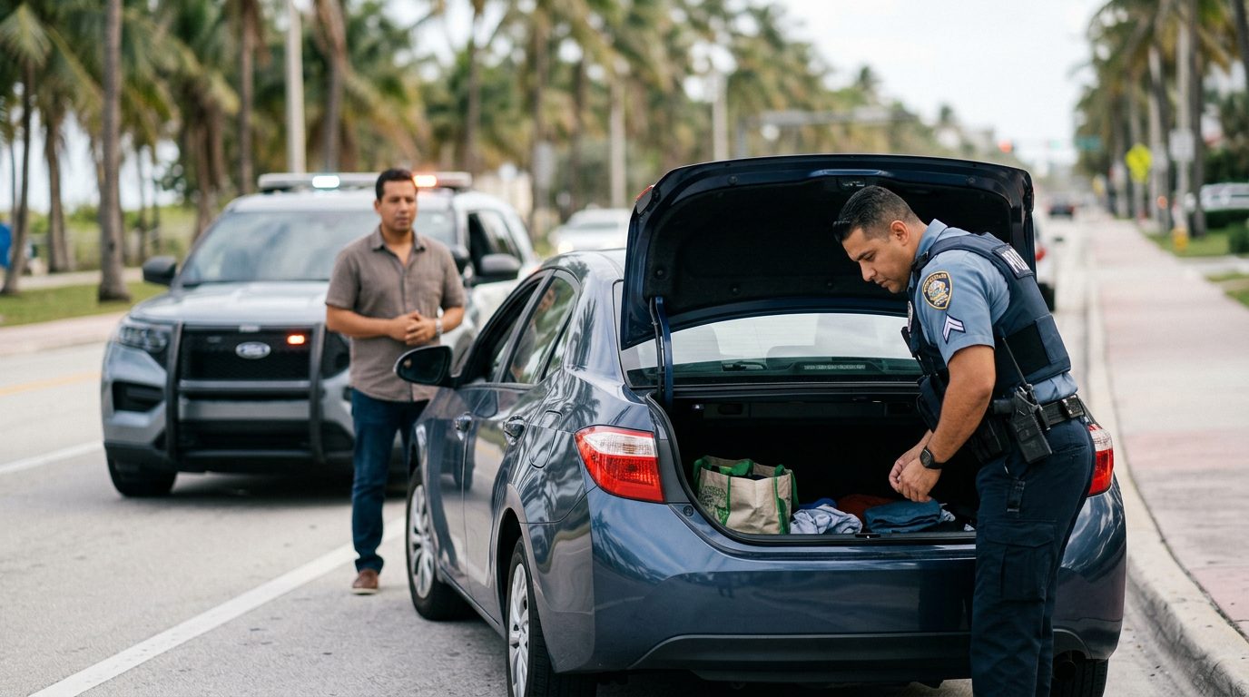 Oficial de policía realizando búsqueda vehicular en carretera con patrulla y maletero abierto.