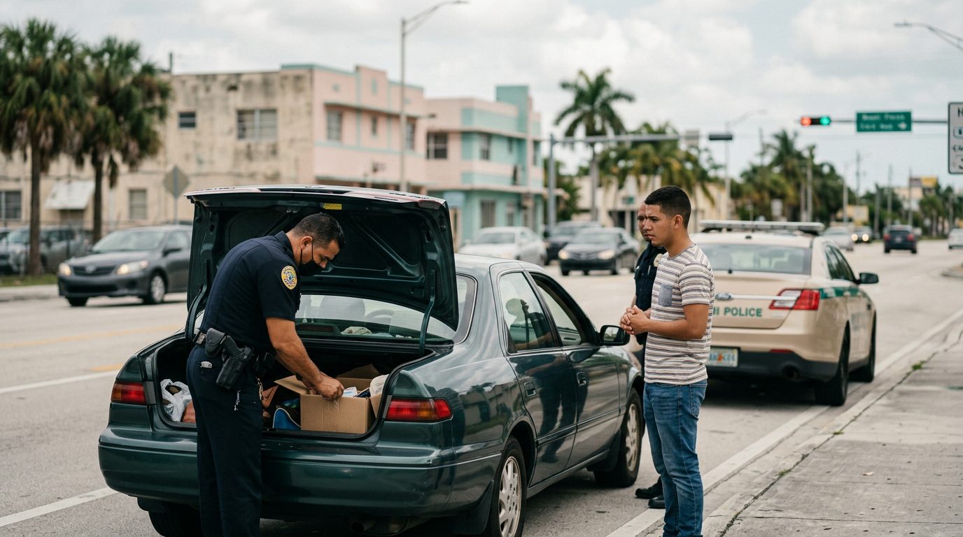 Oficial de policía realizando búsqueda vehicular en carretera con patrulla y maletero abierto.