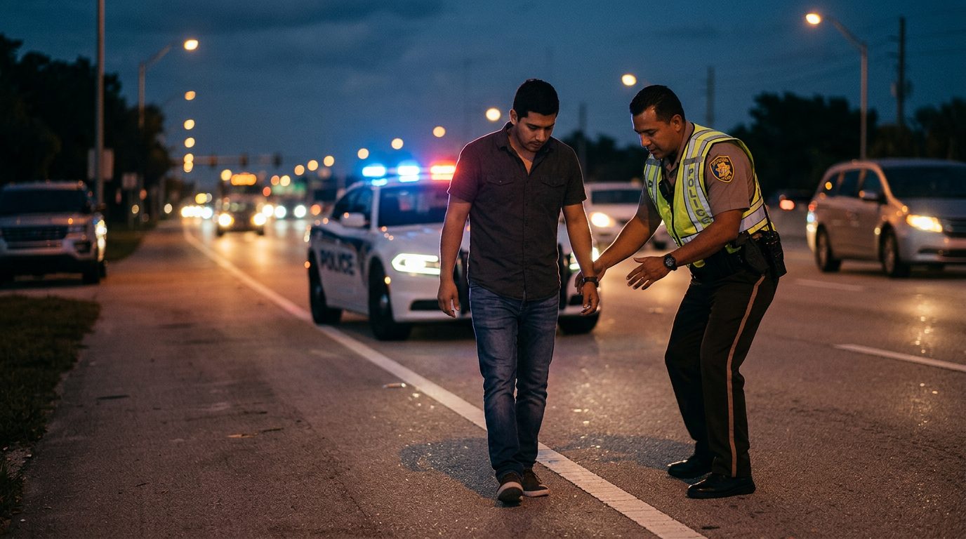 Oficial de policía realizando prueba de sobriedad en carretera con luces de patrulla de fondo.