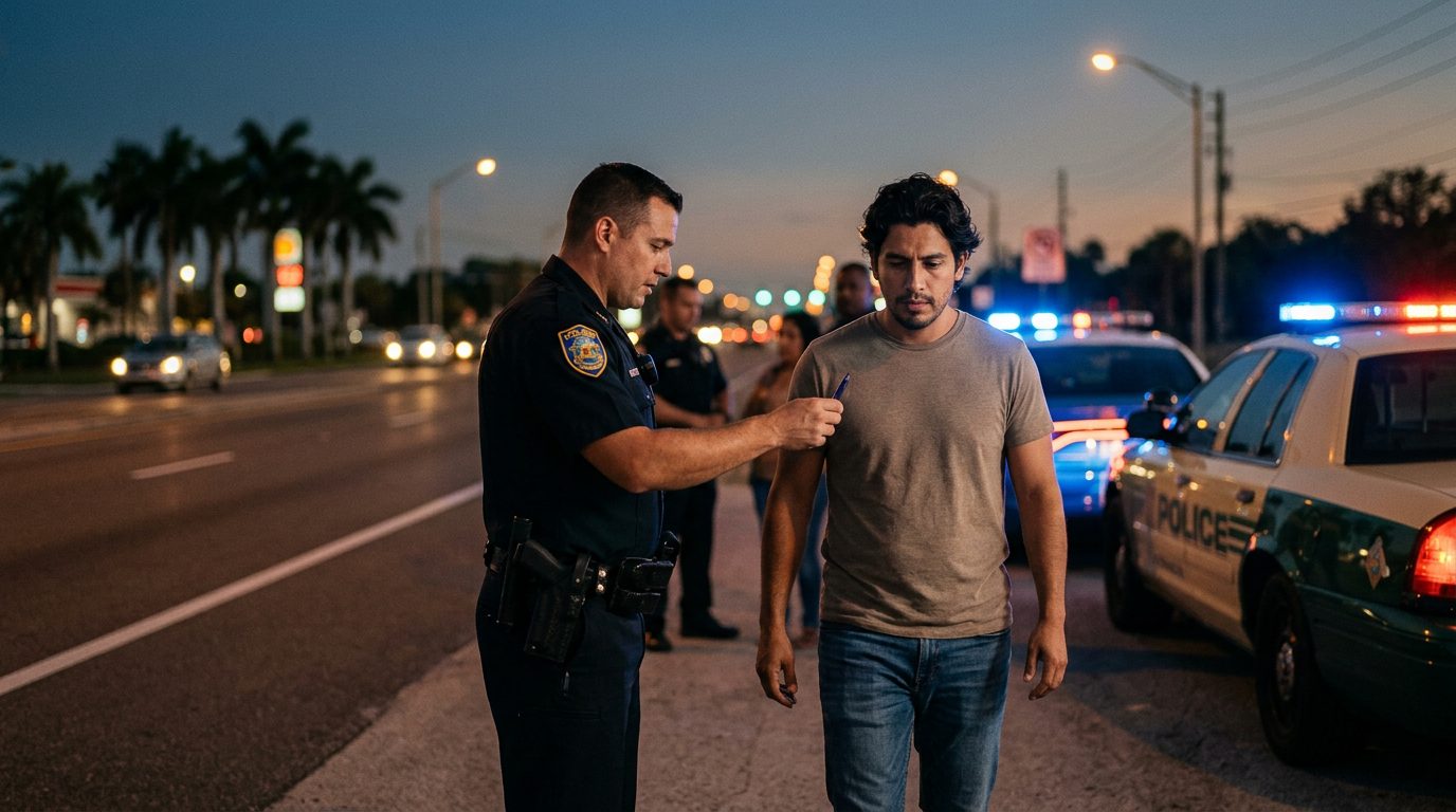 Oficial de policía realizando prueba de sobriedad en la carretera durante la noche.