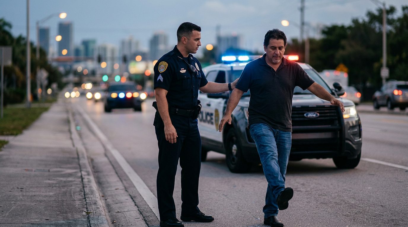 Oficial de policía realizando prueba de sobriedad en la carretera con luces de patrulla de fondo.