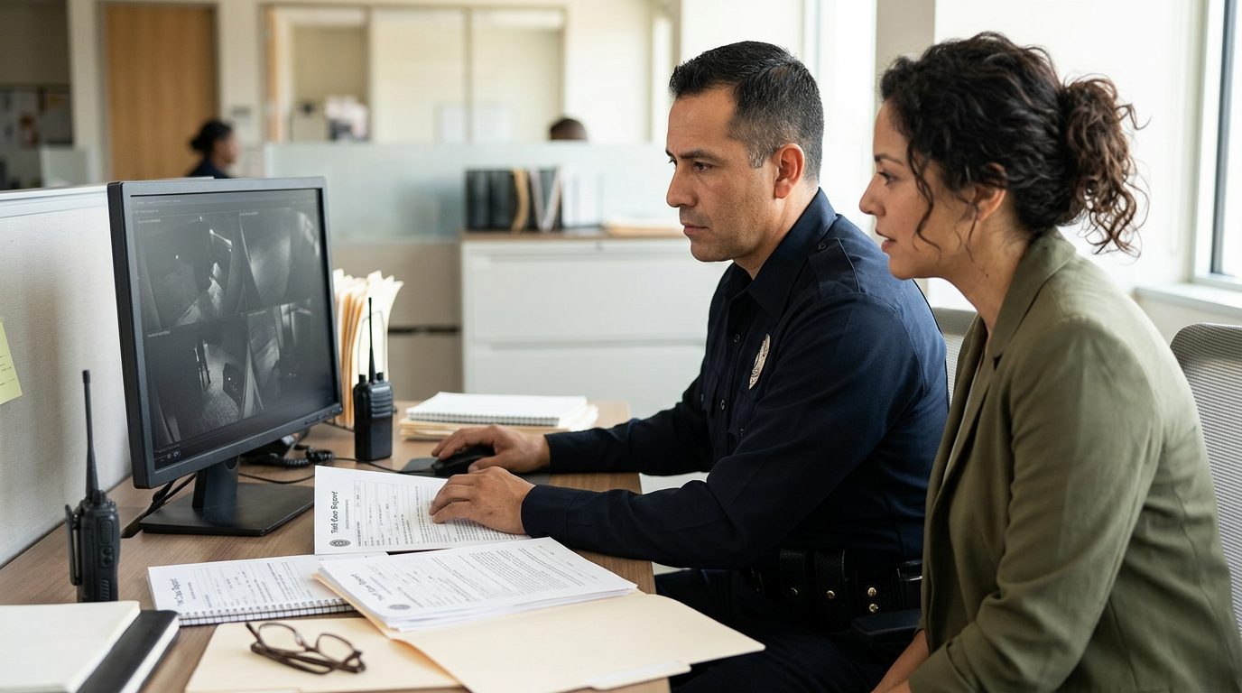 Oficial de seguridad revisando grabaciones de vigilancia y reportes de incidentes en oficina comercial.