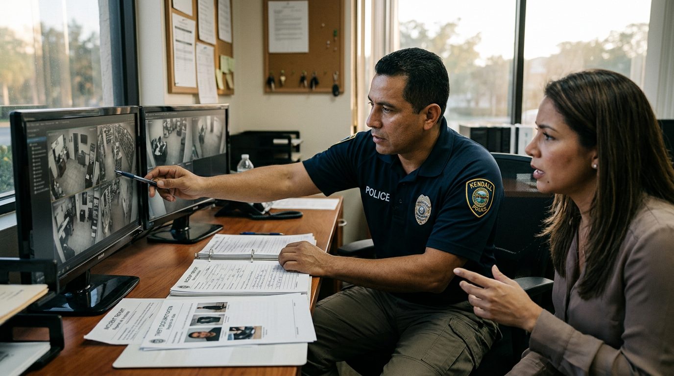 Oficial de seguridad revisando videos de vigilancia e informes de incidentes en una oficina comercial.