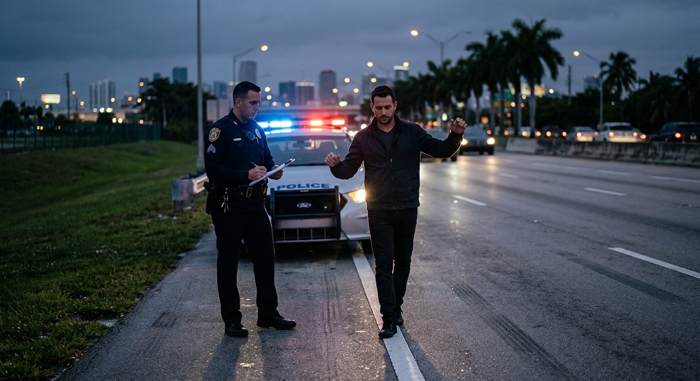 Police officer administering field sobriety test at roadside with patrol car lights in background.