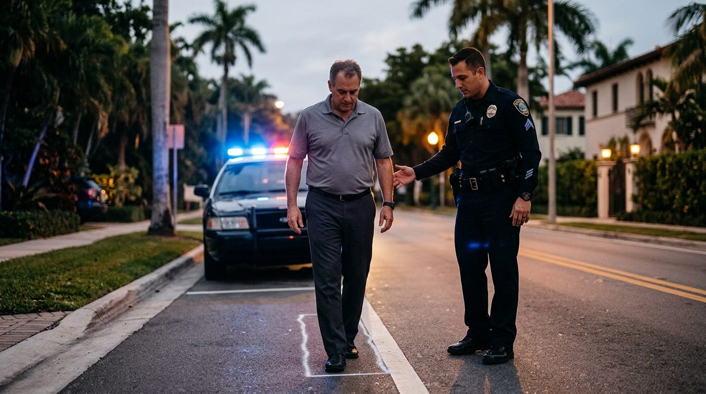 Police officer administering field sobriety test during evening traffic stop with patrol car lights.