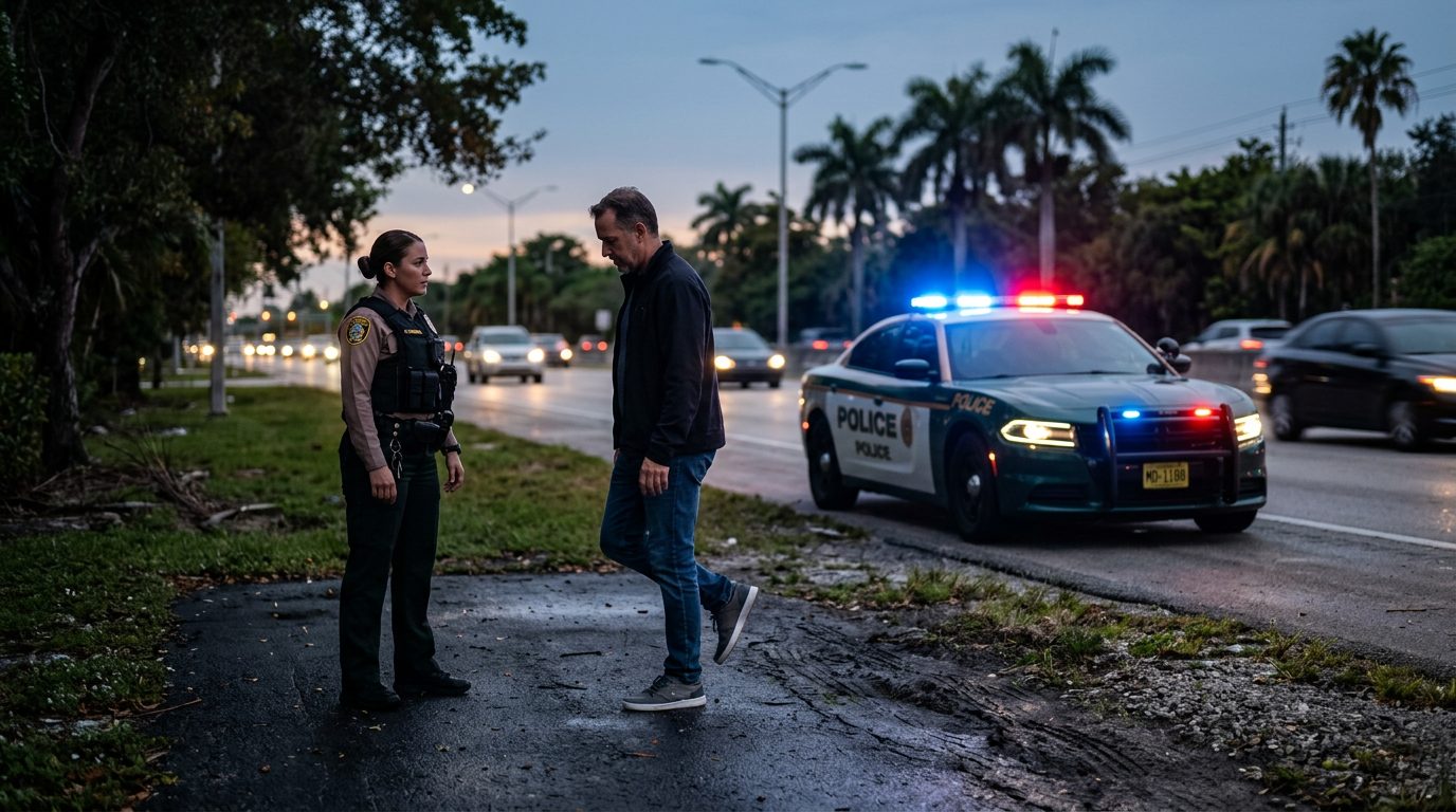 Police officer administering field sobriety test during roadside DUI stop at night.