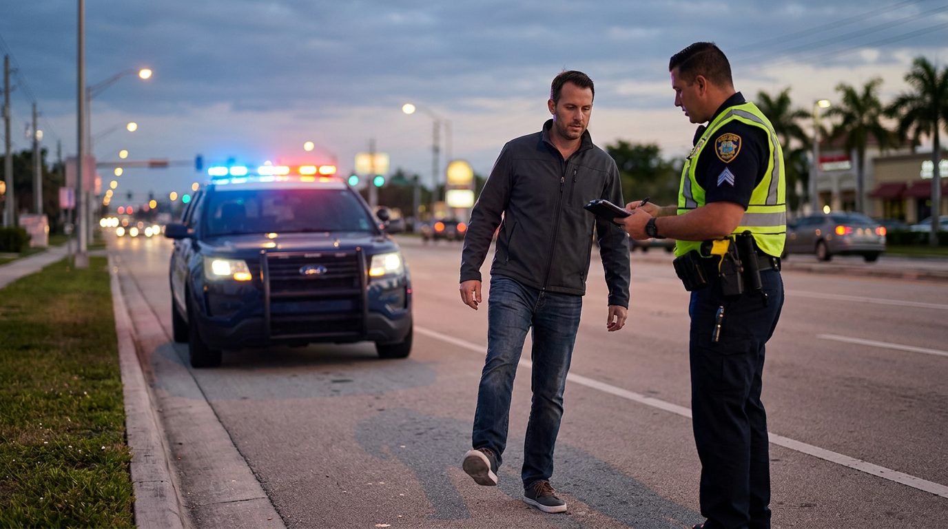 Police officer conducting a field sobriety test during a traffic stop at night.