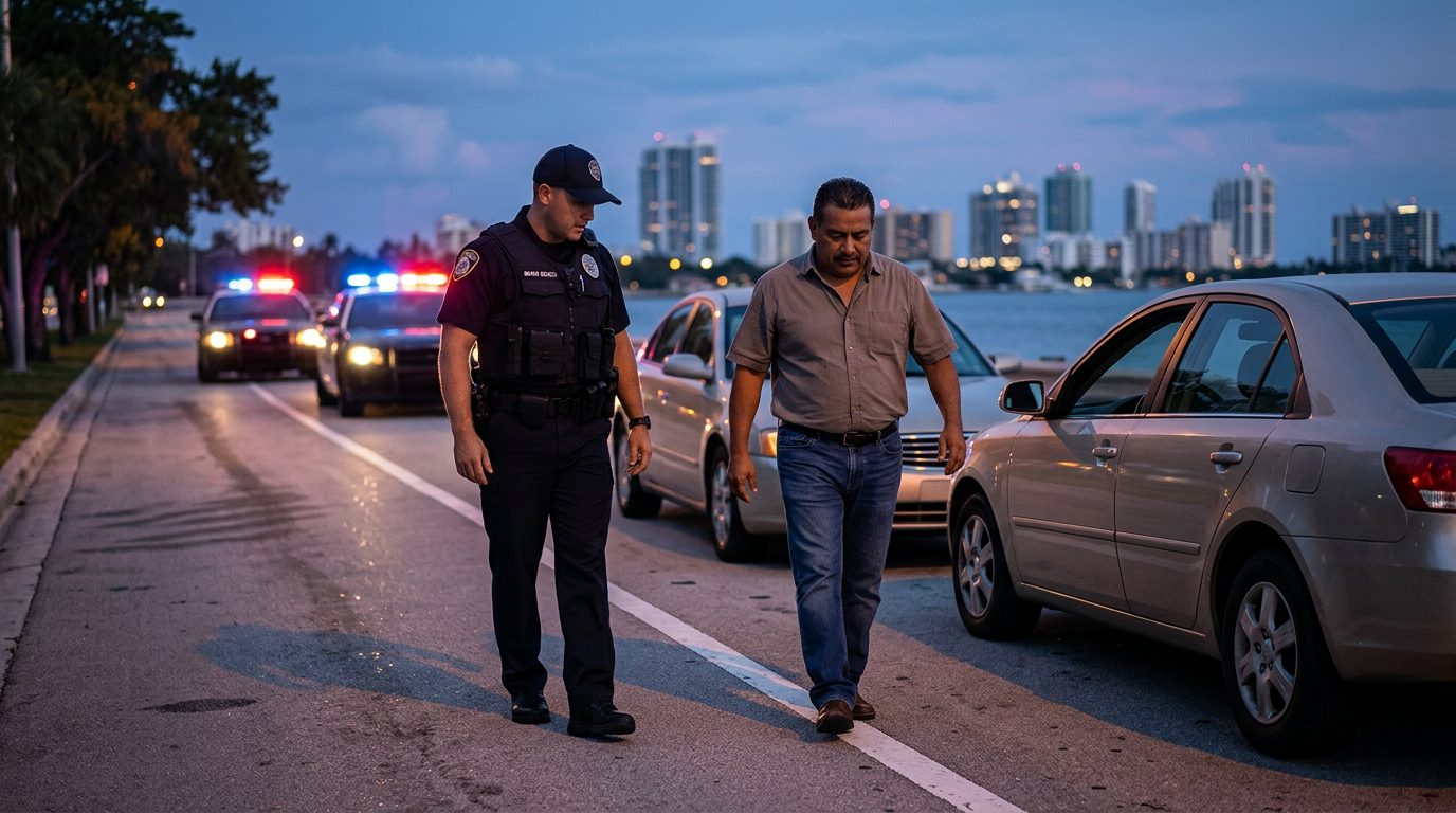 Police officer conducting field sobriety test at roadside with patrol car lights in background.