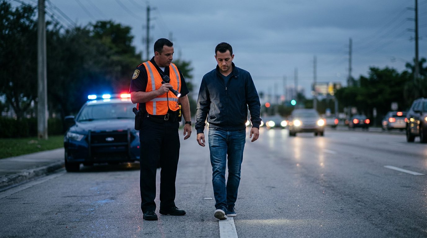 Police officer conducting field sobriety test during evening traffic stop with patrol car lights.