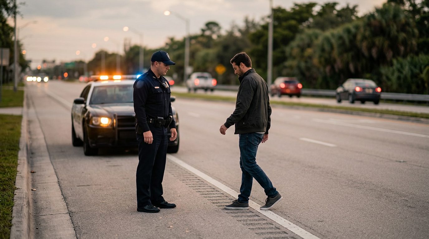 Police officer conducting field sobriety test during evening traffic stop with patrol car lights.