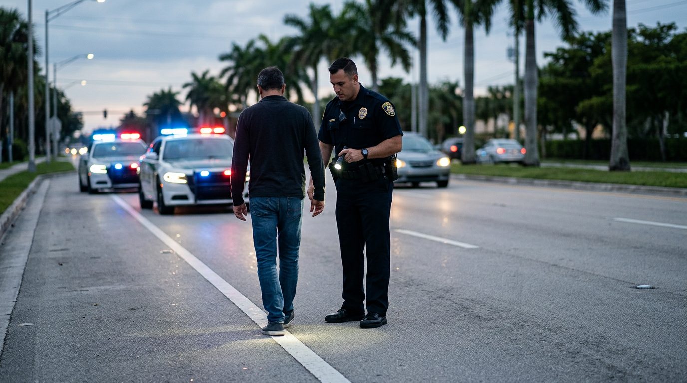 Police officer conducting field sobriety test during traffic stop with patrol car lights in background.