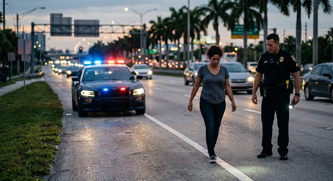 Police officer conducting field sobriety test during traffic stop with patrol car lights in background.