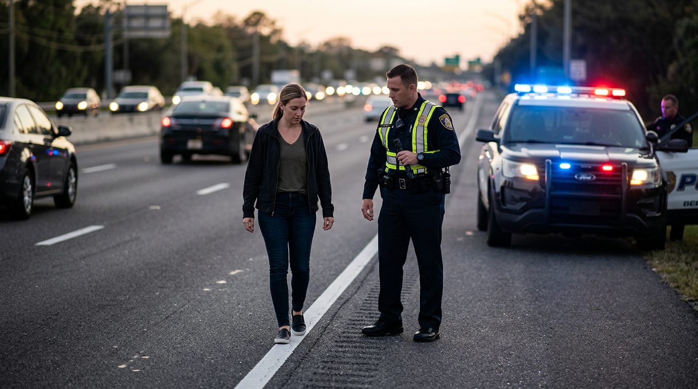 Police officer conducting roadside sobriety test with patrol car lights in background.