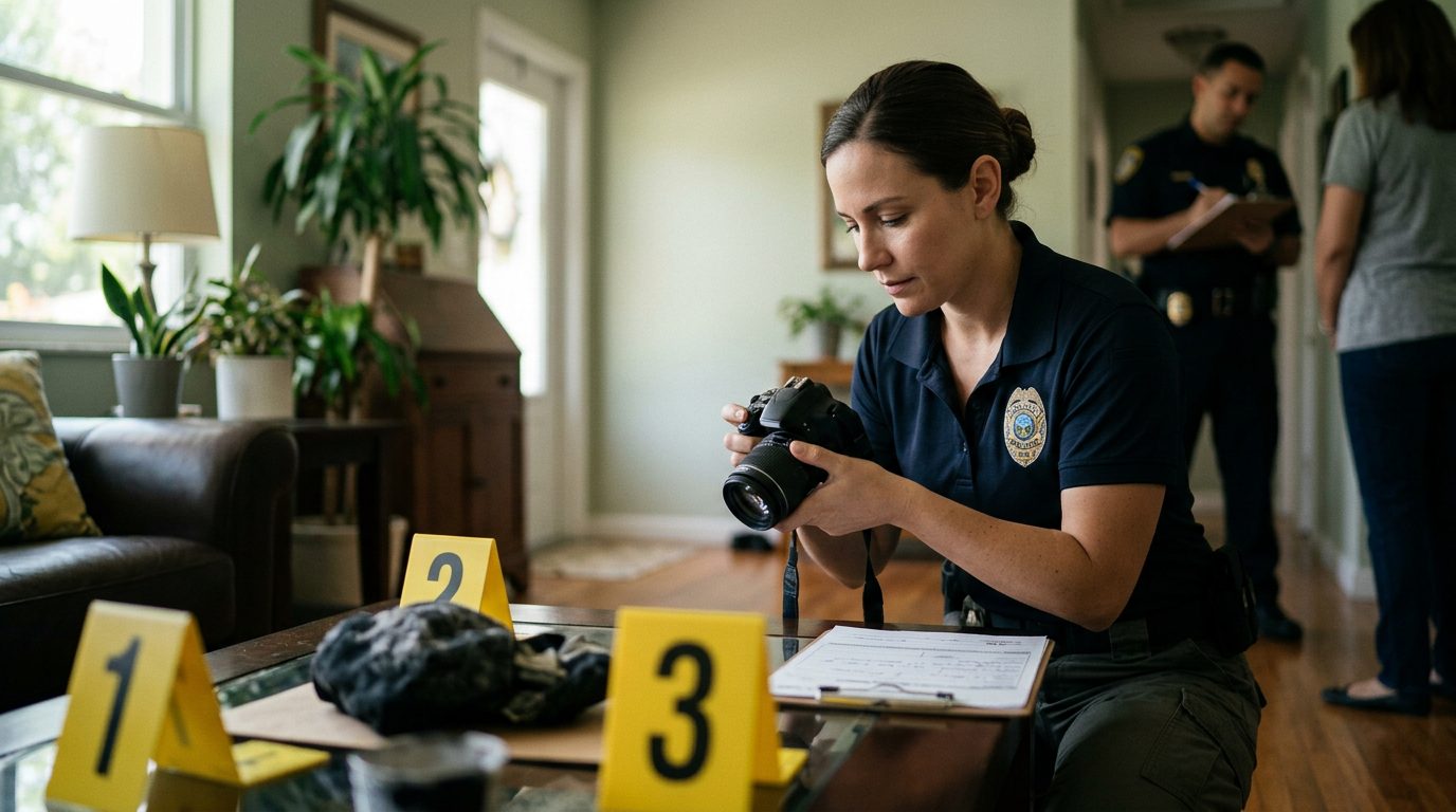 Police officer documenting evidence at residential location with incident forms and markers.