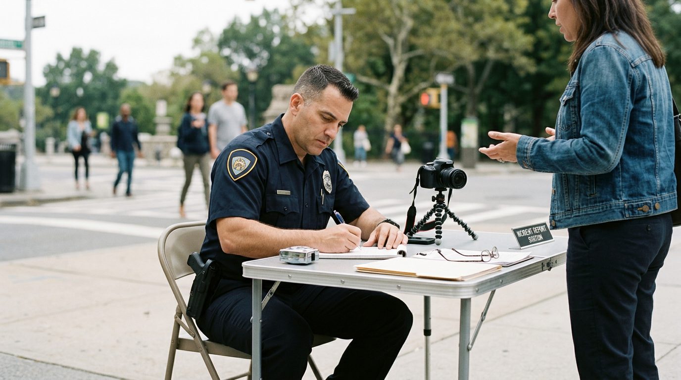 Police officer documenting witness statements and incident reports at a crime scene with measurement tools.