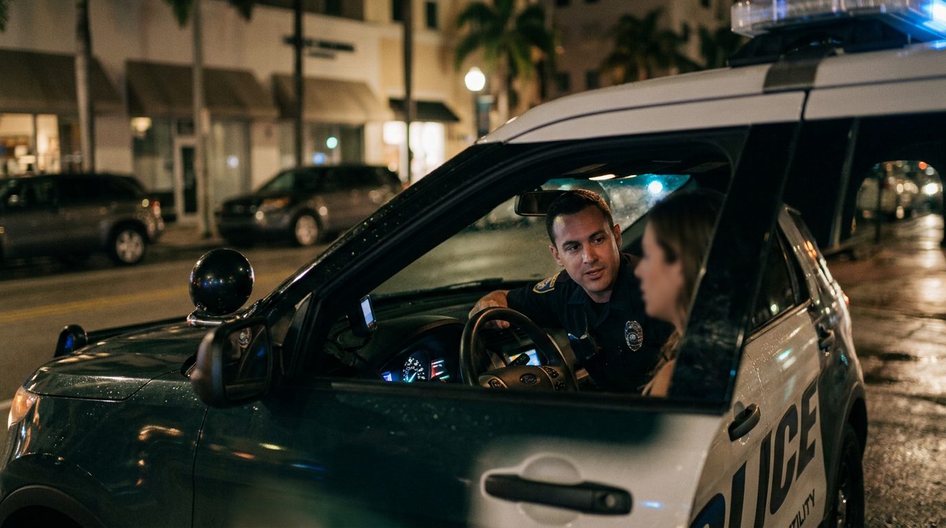 Police officer speaking with driver during nighttime traffic stop.