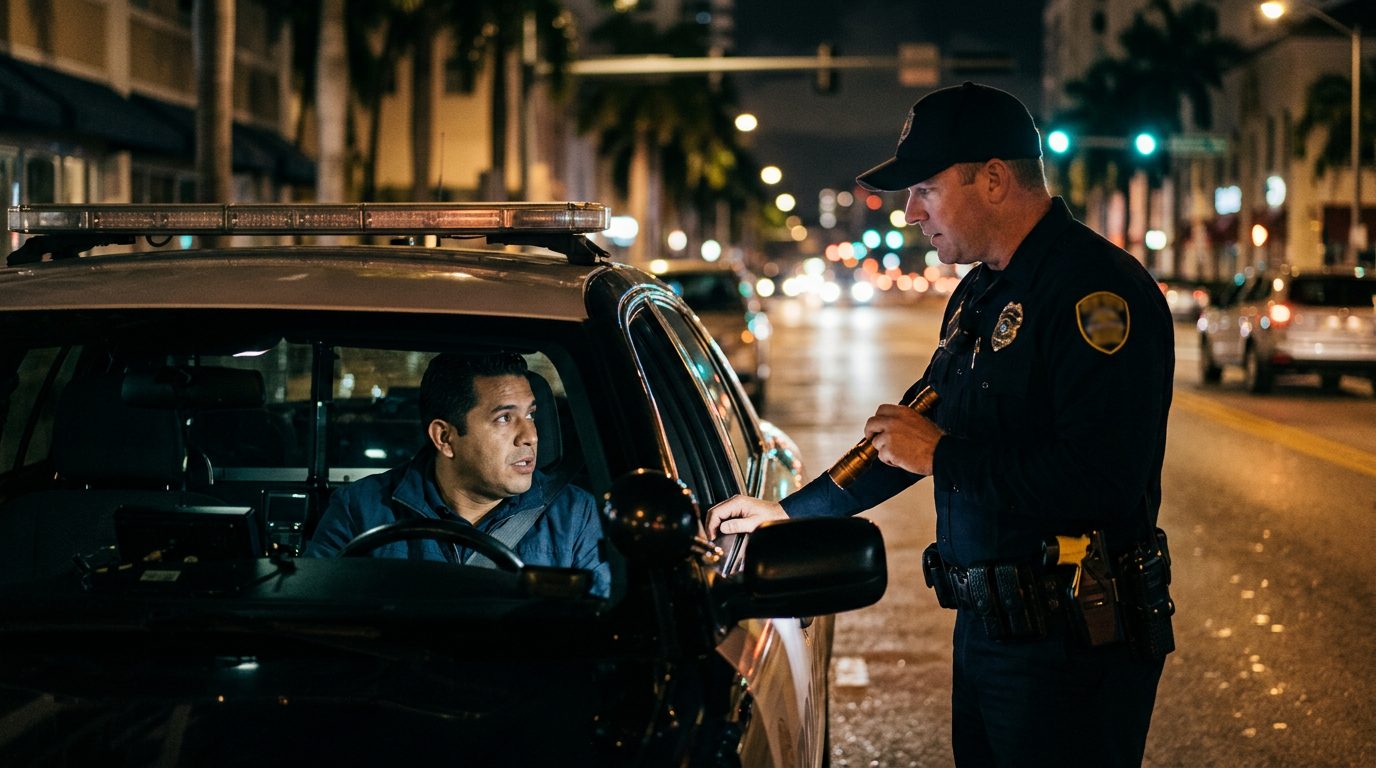 Police officer speaking with driver during nighttime traffic stop.