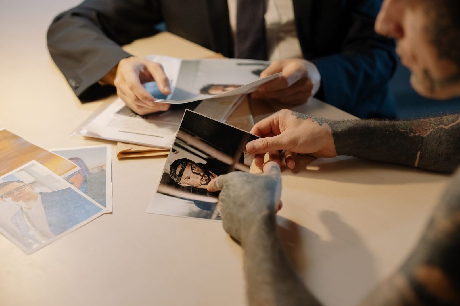 A detective reviews suspect photos at a table during an investigation meeting.
