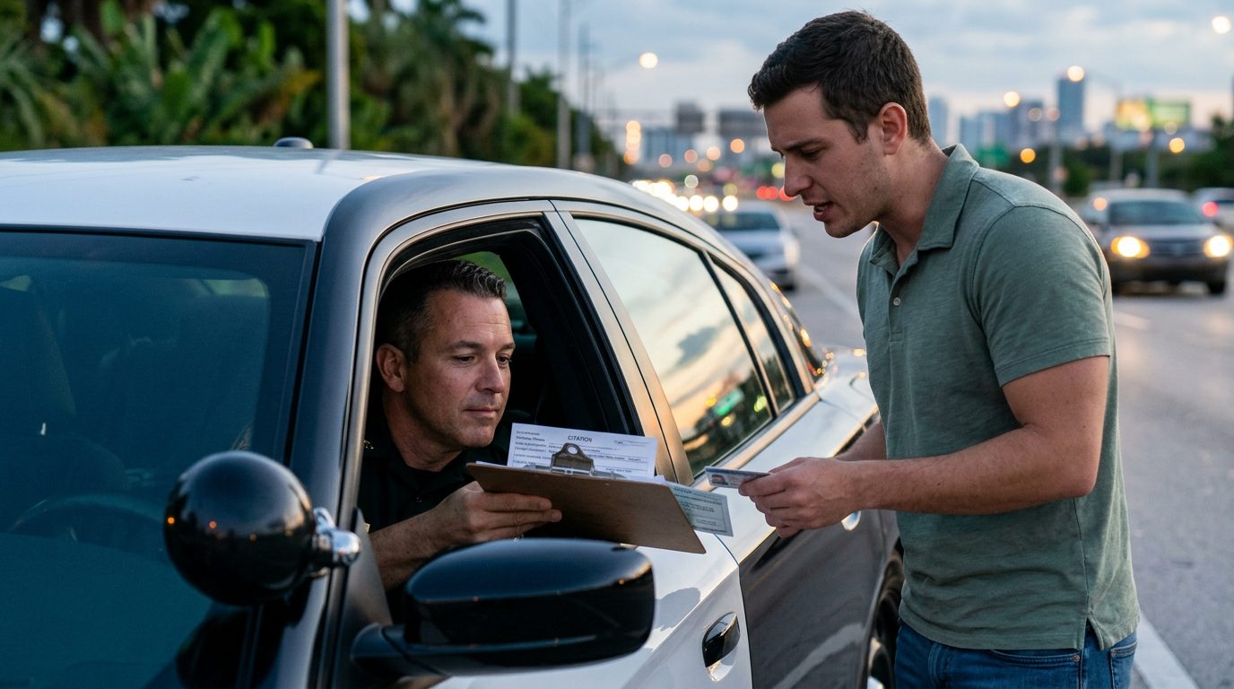 Un conductor conversa con un policía junto a una patrulla al atardecer mientras el agente revisa formularios de citación.