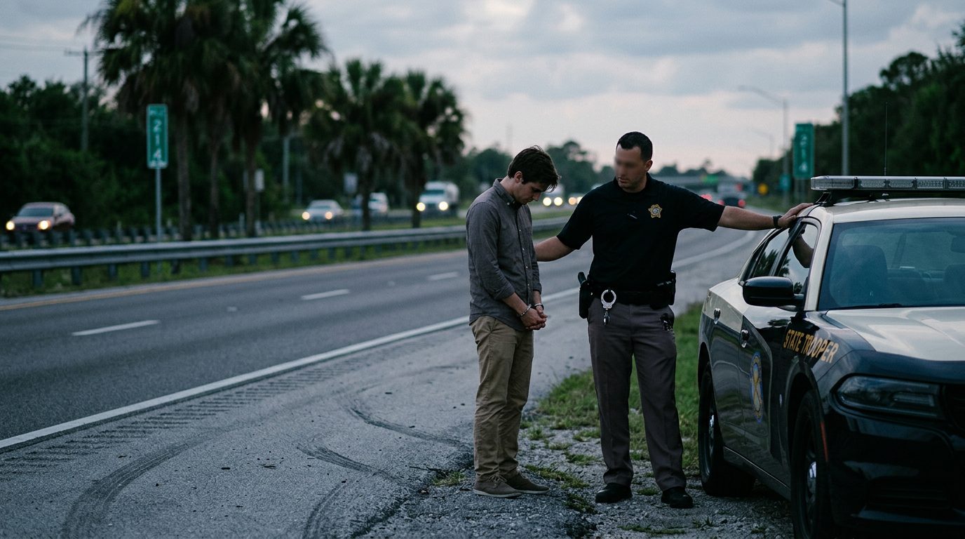 Un coche abollado en el arcén de una carretera de Florida al atardecer, con luces de policía a lo lejos.