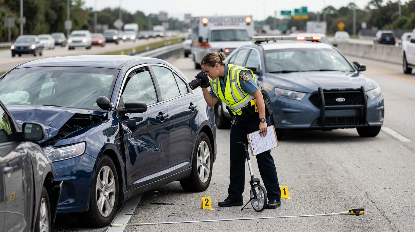 A law enforcement officer photographs damage to a vehicle and marks evidence at a daytime highway crash scene.
