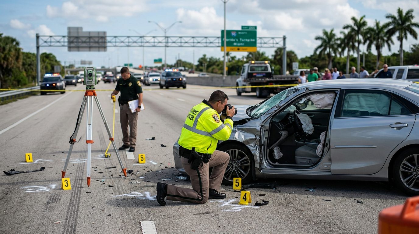 Un agente de policía fotografía los daños de un vehículo en una escena de accidente en autopista, de día, con herramientas de medición y marcadores