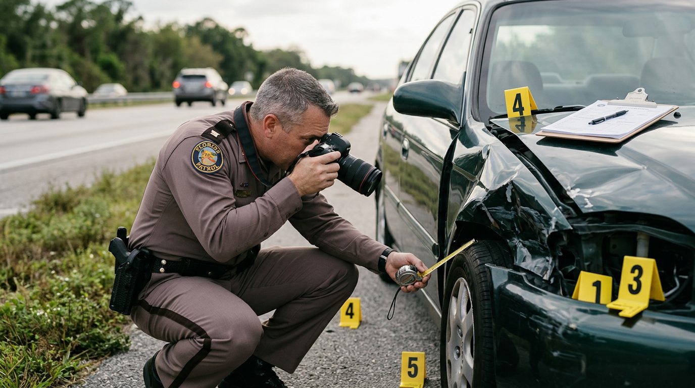 Un agente de policía fotografía los daños de un vehículo en un accidente en la carretera, junto a marcadores de evidencia en el pavimento.