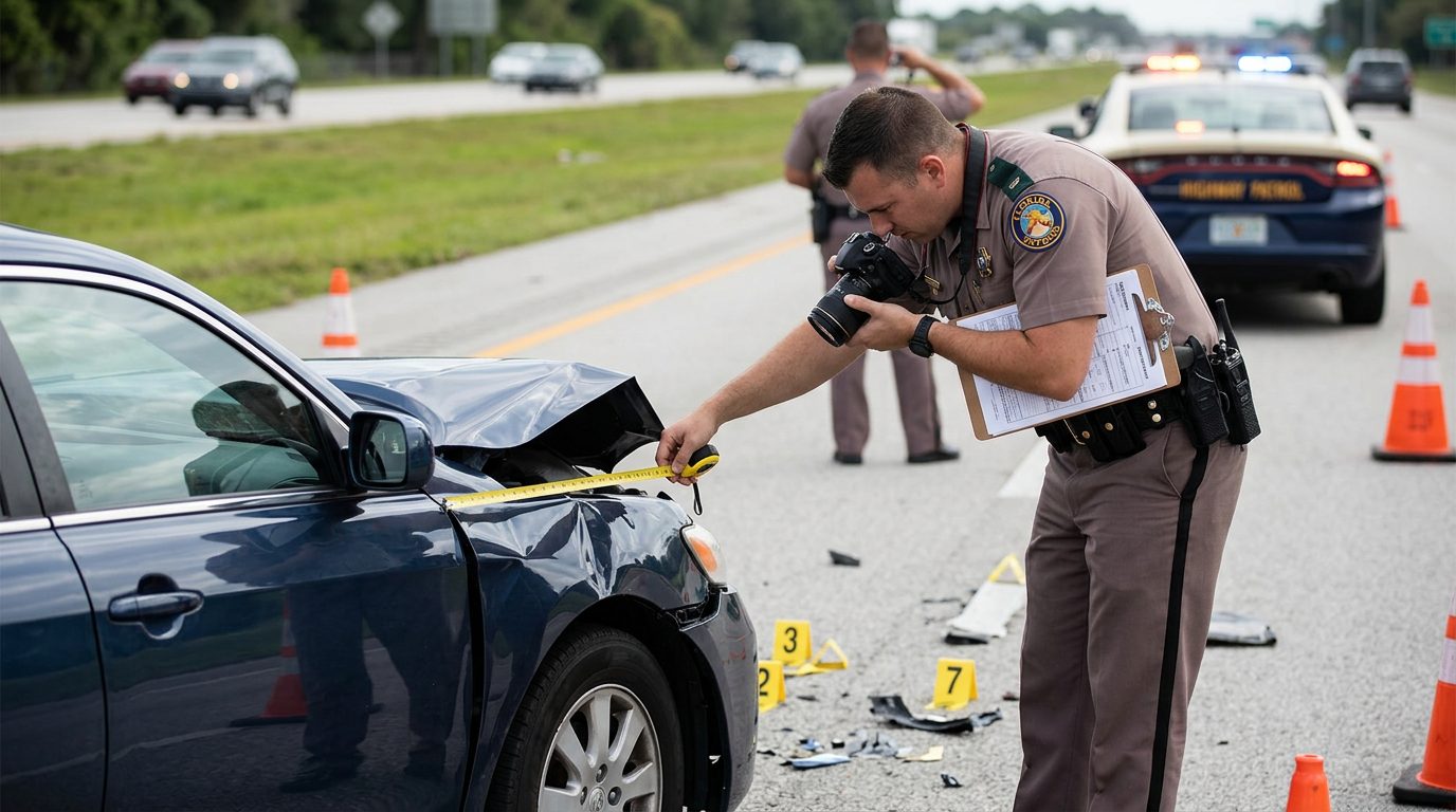 Un agente de la ley fotografía los daños de un vehículo en una escena de accidente diurna en la carretera, con herramientas de medición y marcadores