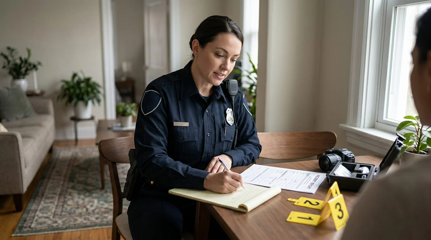 A law enforcement officer photographs evidence and takes notes at a residence, with incident forms and evidence markers on a nearby surface.