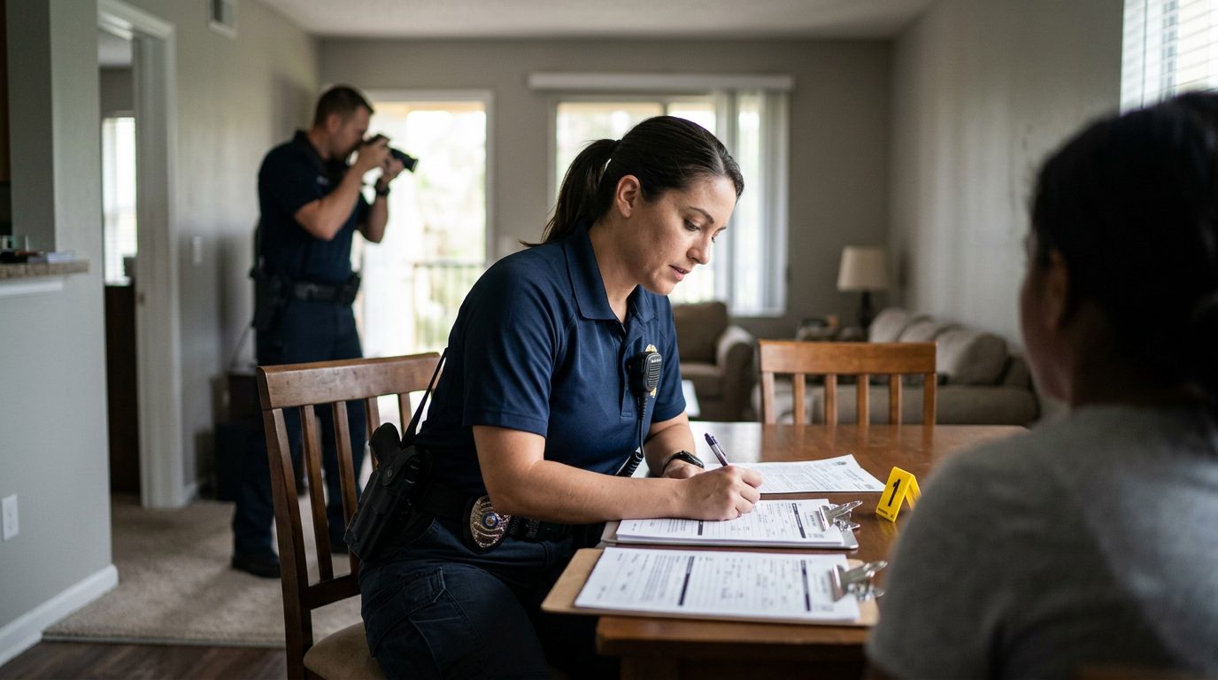 A law enforcement officer photographs evidence markers and takes notes at a residence beside incident forms.