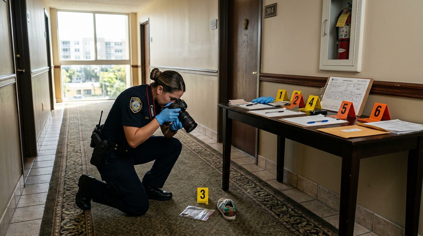 Un agente de policía fotografía marcadores de evidencia en un pasillo de apartamento iluminado por la luz del día, junto a formularios de informe