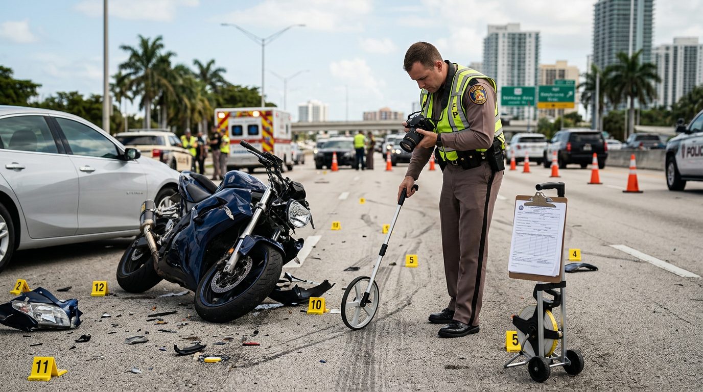 Un agente de la ley fotografía daños en un vehículo y marca evidencias en una escena de accidente de tráfico en una autopista de día.