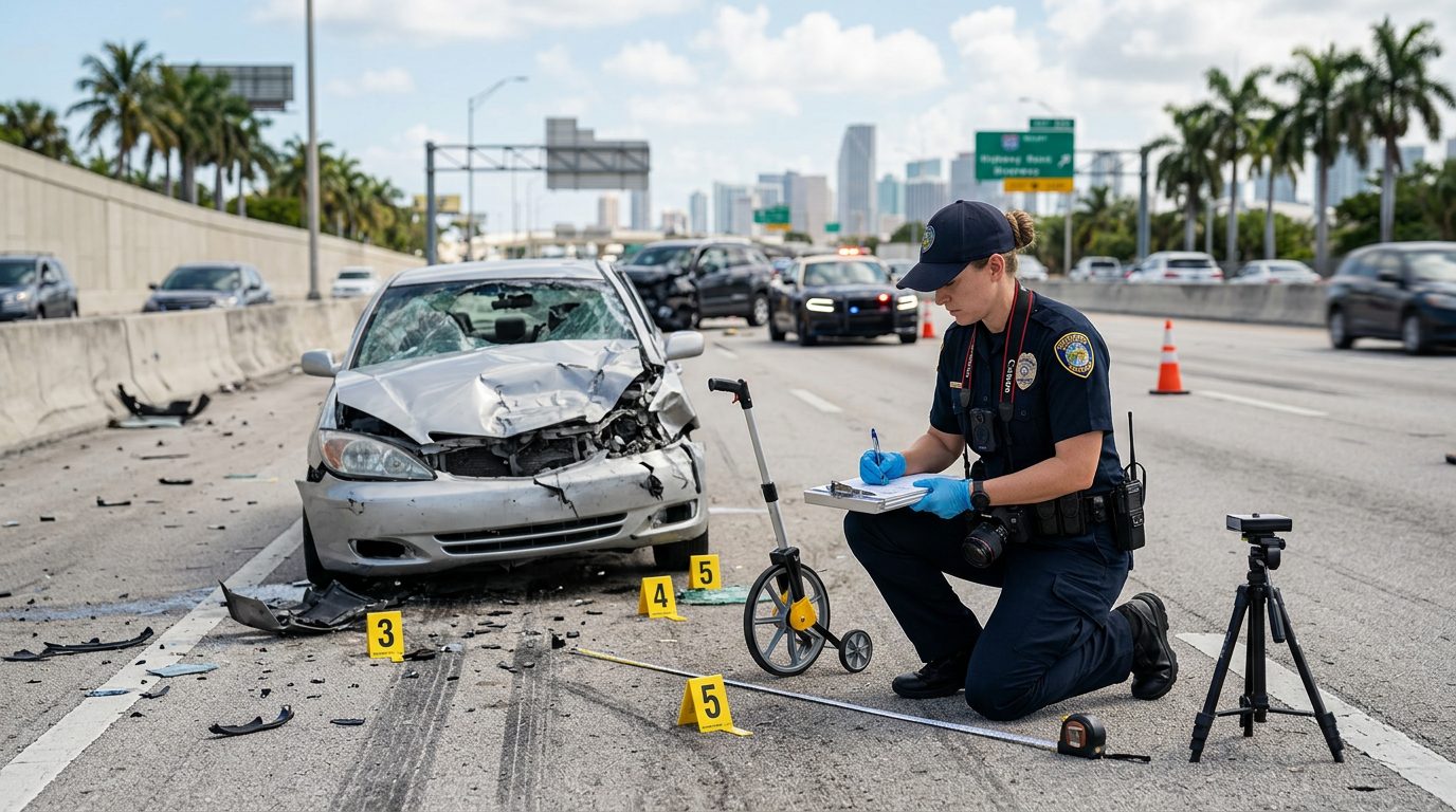 A law enforcement officer photographs vehicle damage and marks evidence at a daytime highway collision scene.