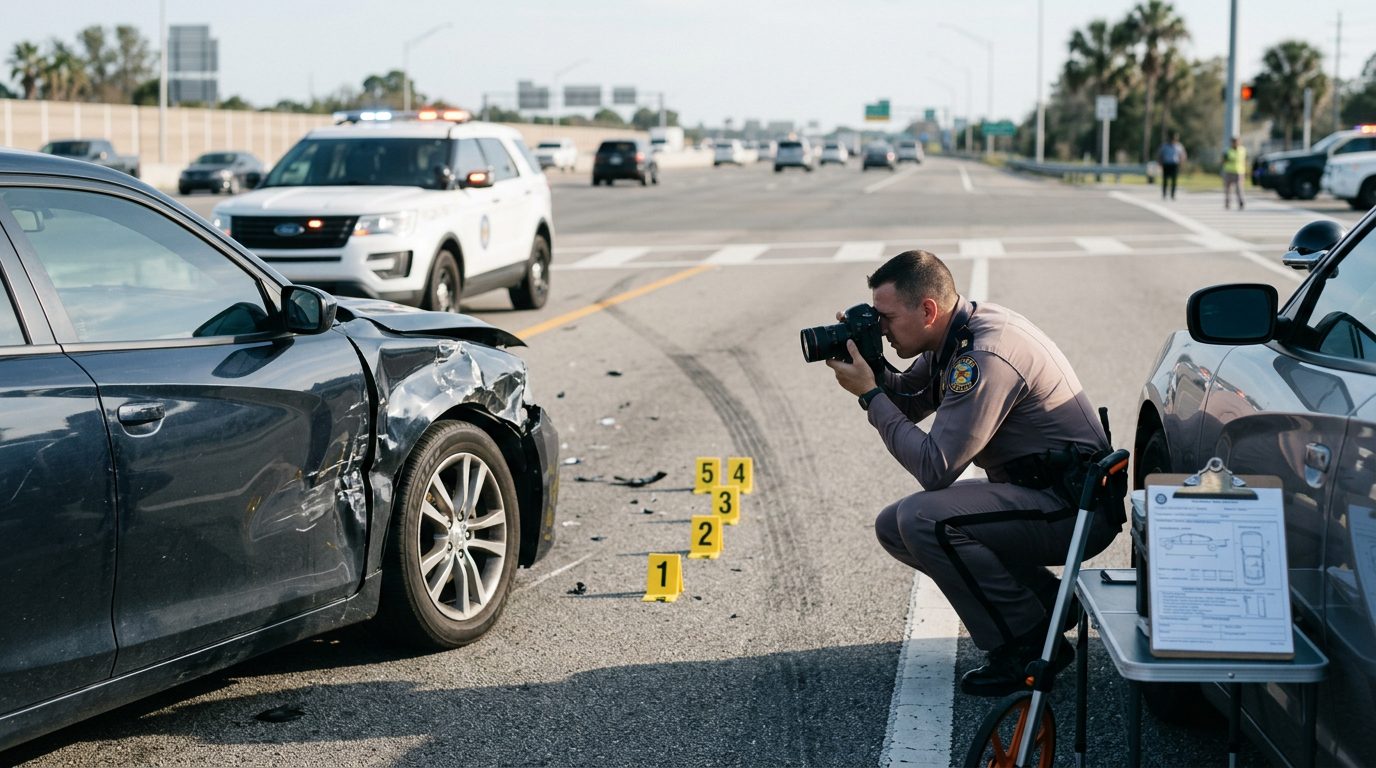 Un agente de policía fotografía los daños de un vehículo y coloca marcadores de evidencia en una carretera durante el día.