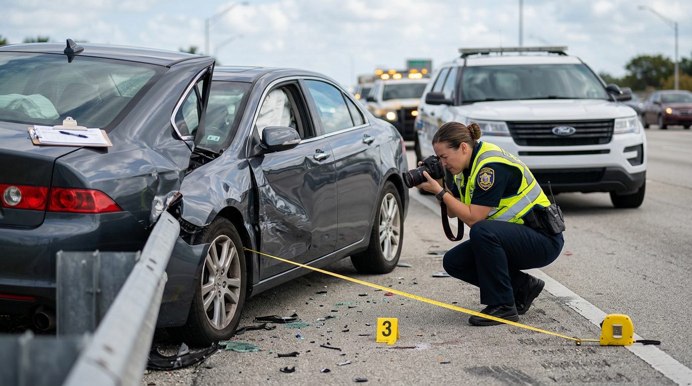 Un agente de policía fotografía los daños de un vehículo y coloca marcadores de evidencia en una carretera durante el día.