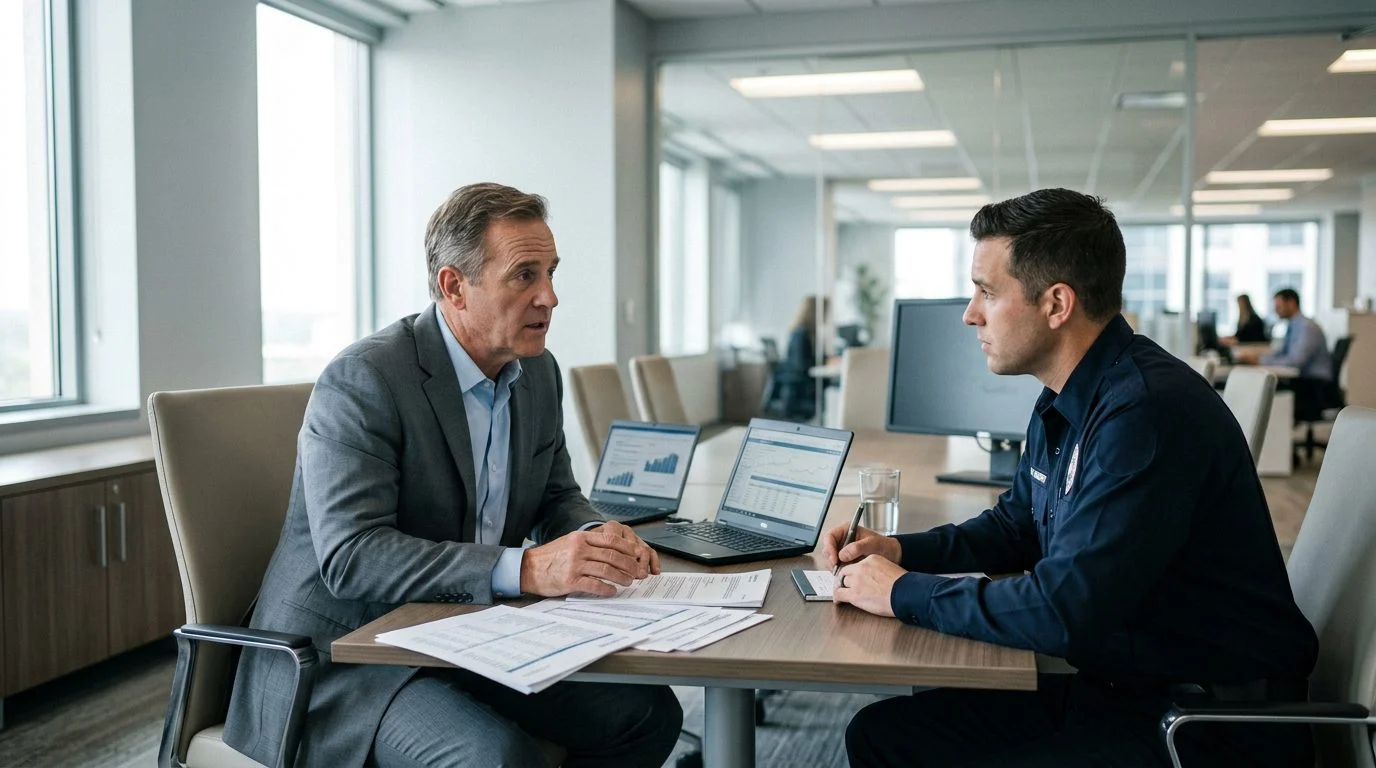 A person speaks with a law enforcement officer across a conference table with computer terminals and account statements at a financial services firm.